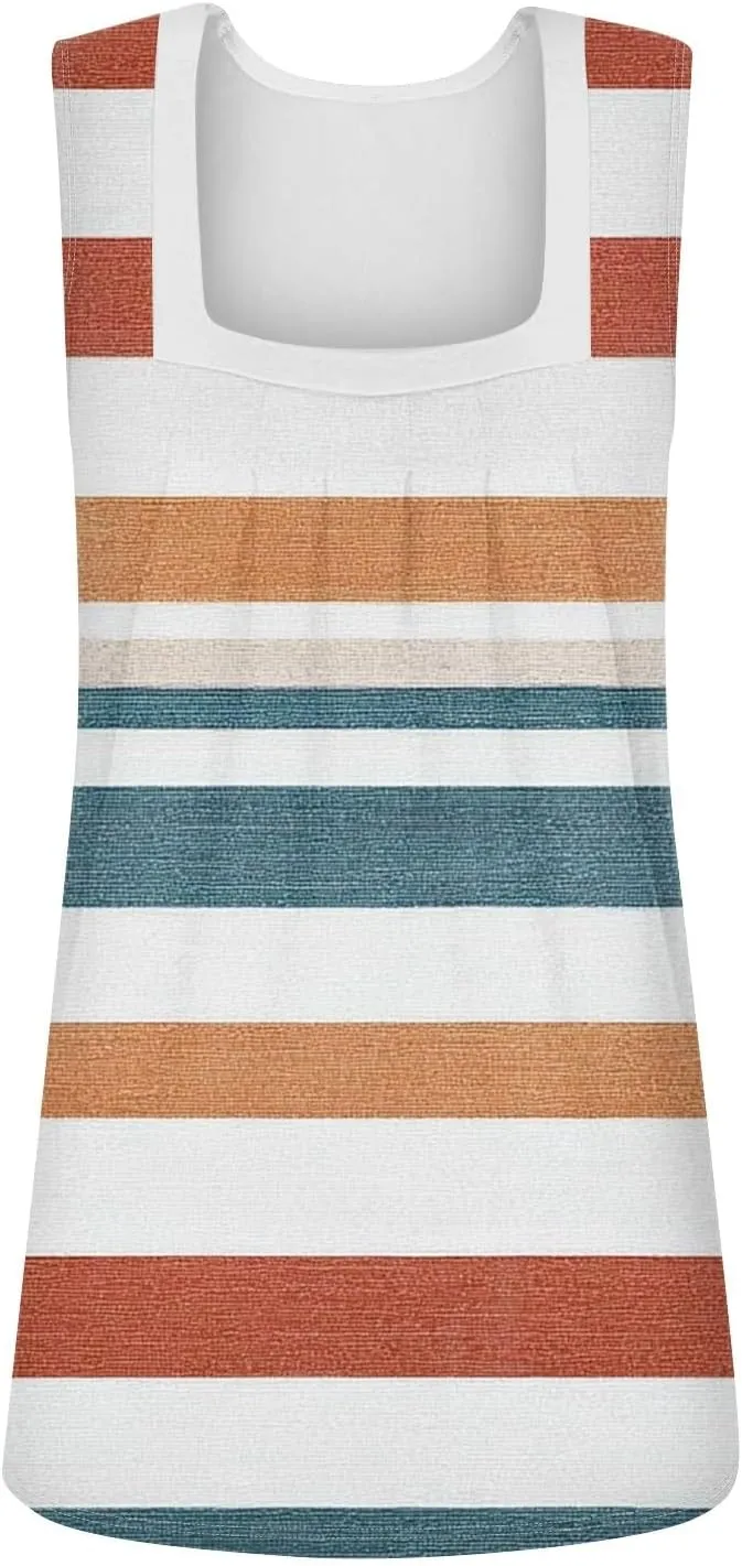 Tank Tops for Women Ruffled Square Neck Summer Pleated Sleeveless Vest Curved Hem Relaxed Fit Holiday Camisole
