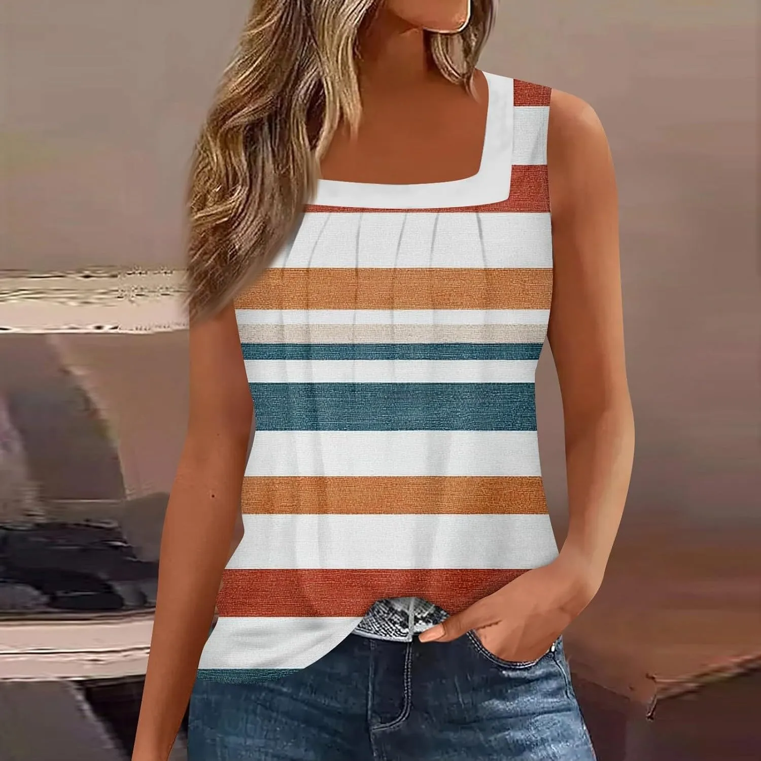 Tank Tops for Women Ruffled Square Neck Summer Pleated Sleeveless Vest Curved Hem Relaxed Fit Holiday Camisole