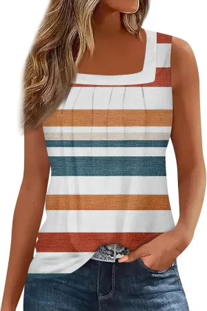 Tank Tops for Women Ruffled Square Neck Summer Pleated Sleeveless Vest Curved Hem Relaxed Fit Holiday Camisole
