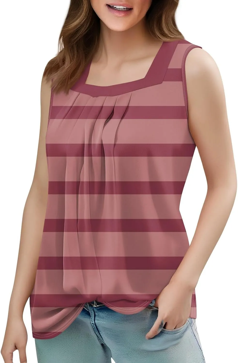 Tank Tops for Women Ruffled Square Neck Summer Pleated Sleeveless Vest Curved Hem Relaxed Fit Holiday Camisole