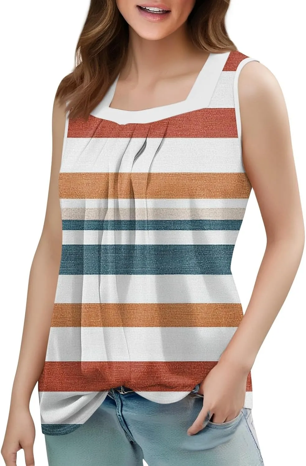 Tank Tops for Women Ruffled Square Neck Summer Pleated Sleeveless Vest Curved Hem Relaxed Fit Holiday Camisole
