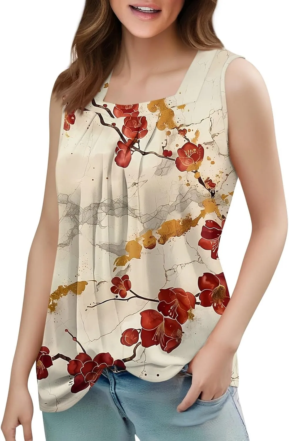 Tank Tops for Women Ruffled Square Neck Summer Pleated Sleeveless Vest Curved Hem Relaxed Fit Holiday Camisole