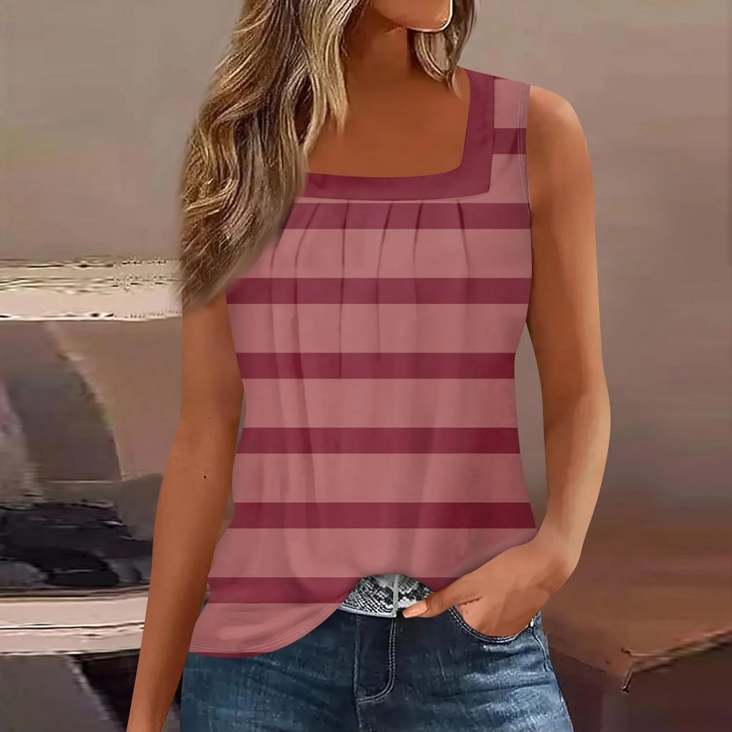 Tank Tops for Women Ruffled Square Neck Summer Pleated Sleeveless Vest Curved Hem Relaxed Fit Holiday Camisole