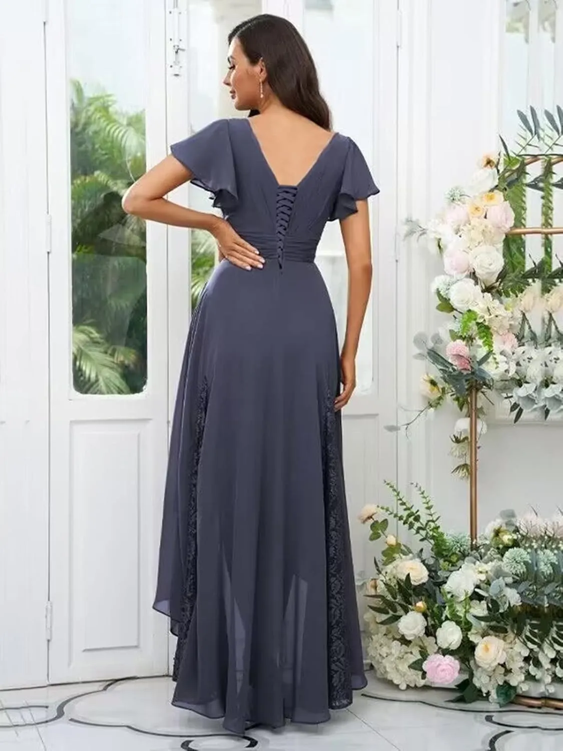 Tea Length Mother of The Bride Dresses for Women Lace Chiffon Formal Evening Party Gown with Sleeves
