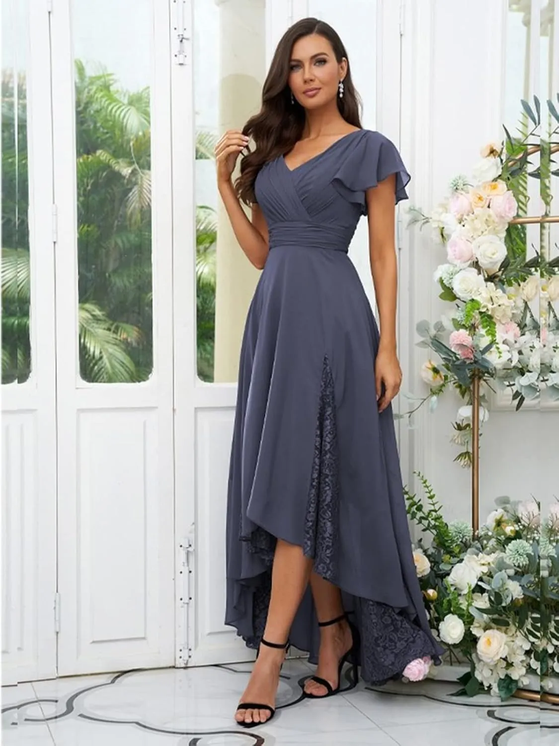 Tea Length Mother of The Bride Dresses for Women Lace Chiffon Formal Evening Party Gown with Sleeves