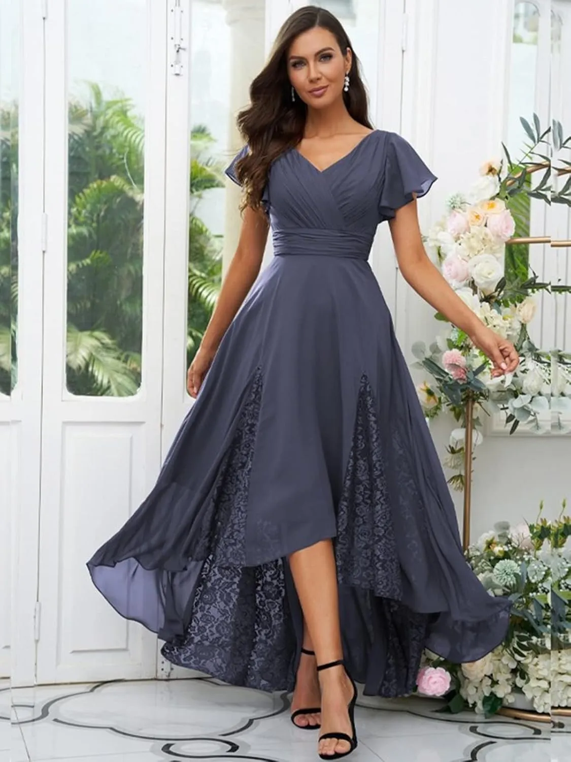 Tea Length Mother of The Bride Dresses for Women Lace Chiffon Formal Evening Party Gown with Sleeves