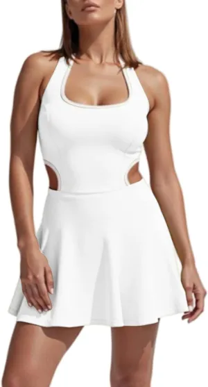 Tennis Dresses for Women Sleeveless U Neck Straped Athletic Workout Yoga Dress One Piece Hollow Out Outdoor Golf Skort