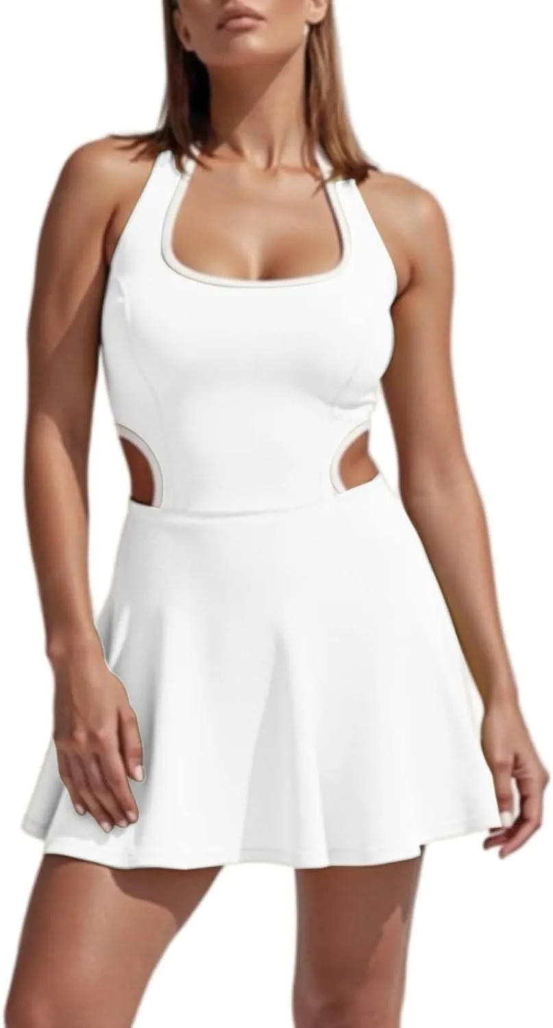Tennis Dresses for Women Sleeveless U Neck Straped Athletic Workout Yoga Dress One Piece Hollow Out Outdoor Golf Skort