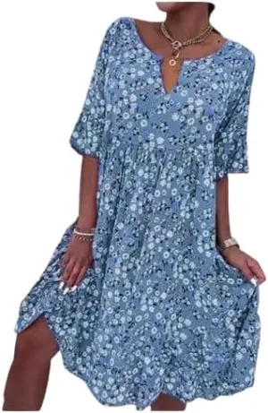 TIAFORD Women Boho Floral Print Half Sleeve V Neck Midi Dress Summer Casual Flowy Beach Vacation Knee Length Dress