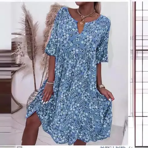 TIAFORD Women Boho Floral Print Half Sleeve V Neck Midi Dress Summer Casual Flowy Beach Vacation Knee Length Dress
