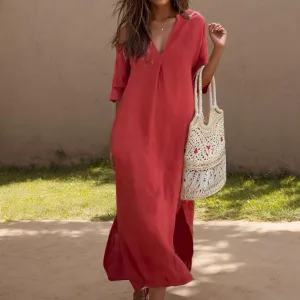 TIAFORD Women Casual Cotton Linen V Neck Maxi Dress Half Sleeve Slit Shift Beach Flowy Long Tunic Shirt Dress with Pocket