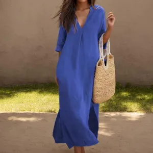 TIAFORD Women Casual Cotton Linen V Neck Maxi Dress Half Sleeve Slit Shift Beach Flowy Long Tunic Shirt Dress with Pocket