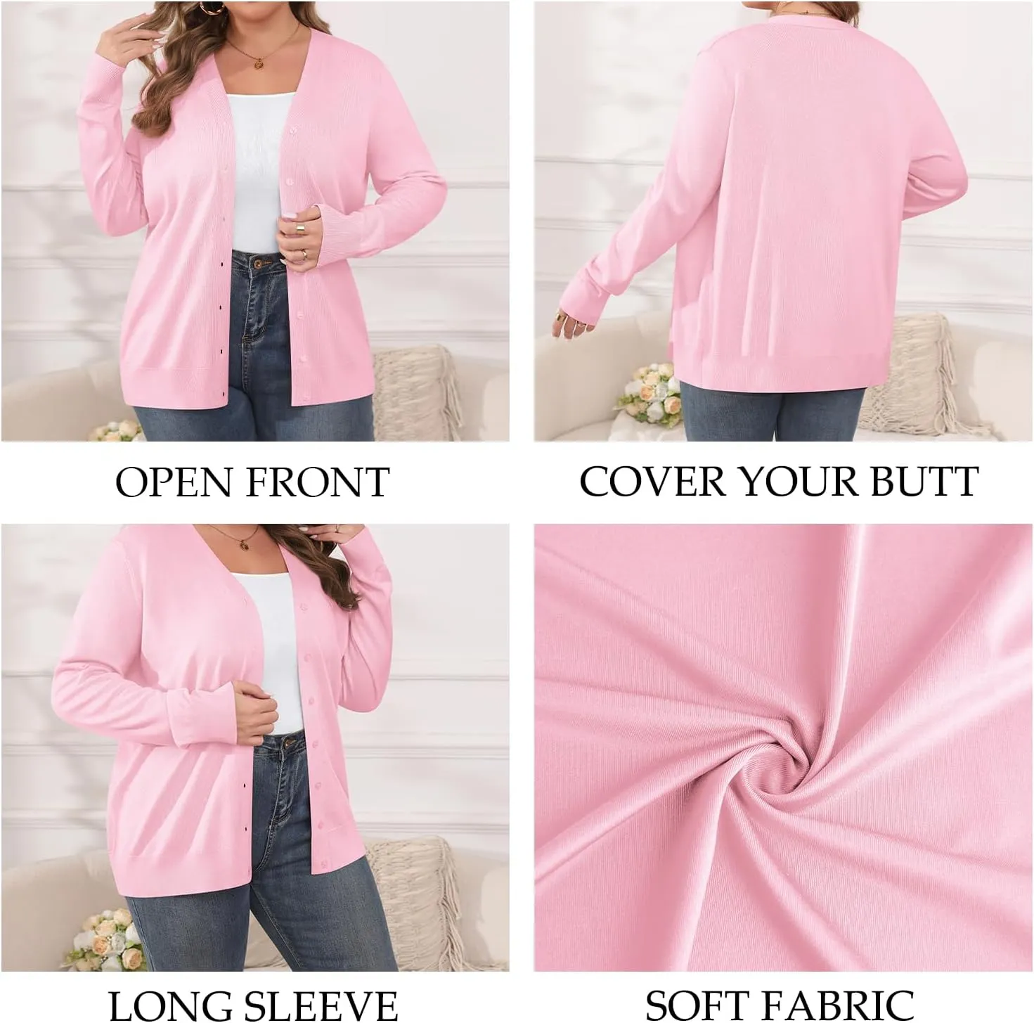 TIANZHU Cardigan Sweaters for Women Plus Size Open Front Long Sleeve V Neck Button Comfy Lightweight Cardigan Casual Coat