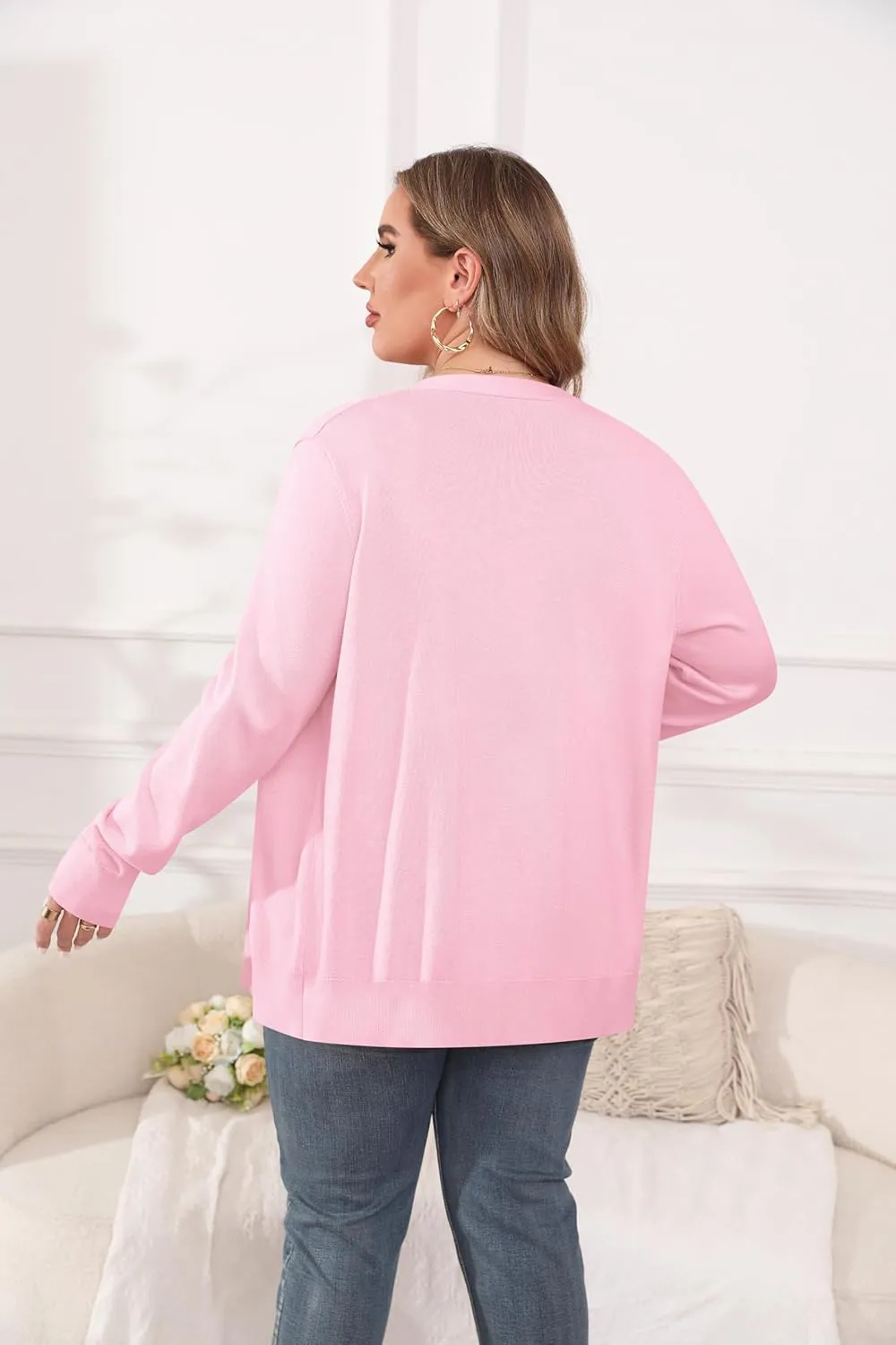 TIANZHU Cardigan Sweaters for Women Plus Size Open Front Long Sleeve V Neck Button Comfy Lightweight Cardigan Casual Coat