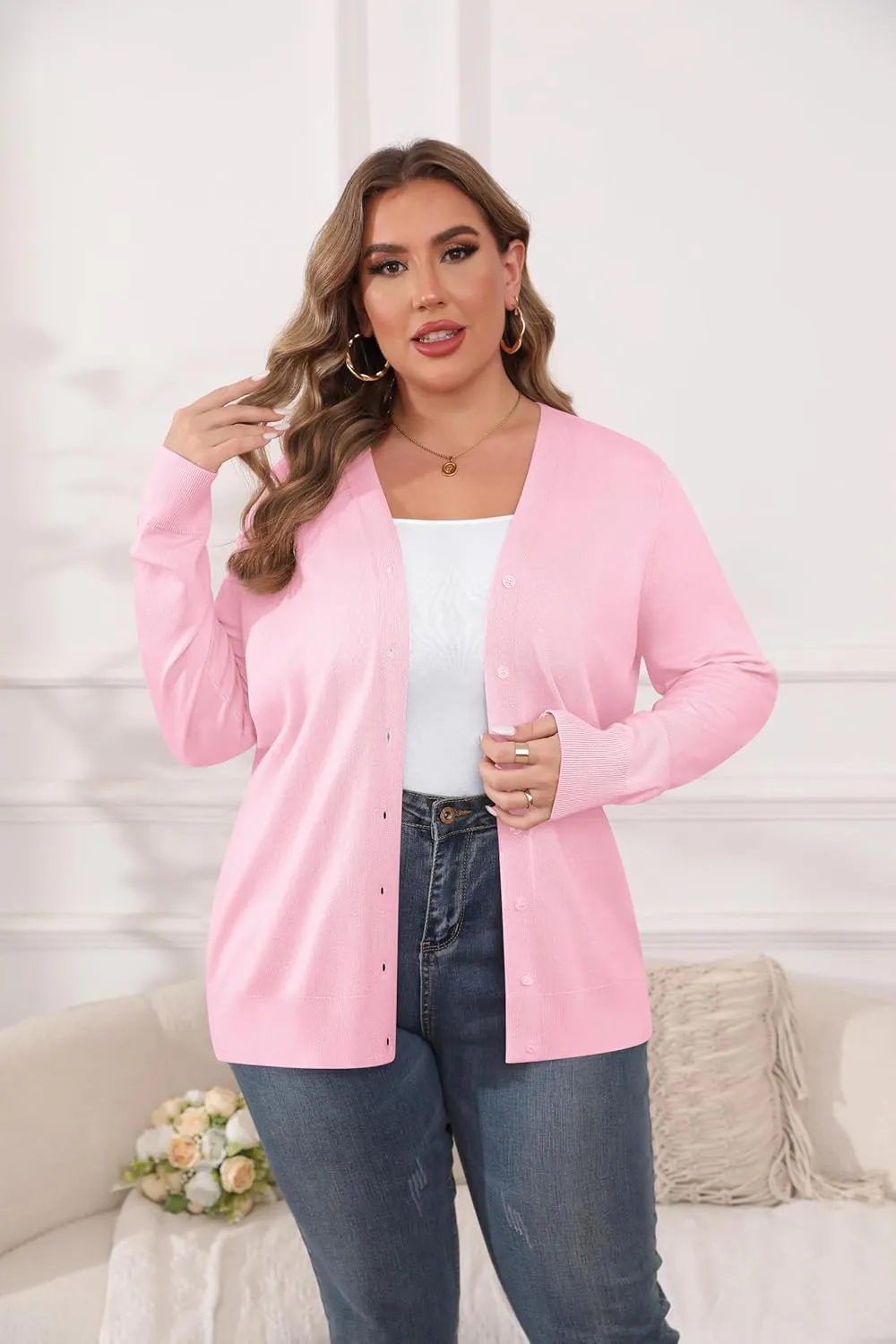 TIANZHU Cardigan Sweaters for Women Plus Size Open Front Long Sleeve V Neck Button Comfy Lightweight Cardigan Casual Coat
