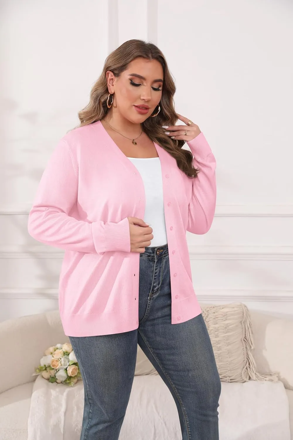TIANZHU Cardigan Sweaters for Women Plus Size Open Front Long Sleeve V Neck Button Comfy Lightweight Cardigan Casual Coat