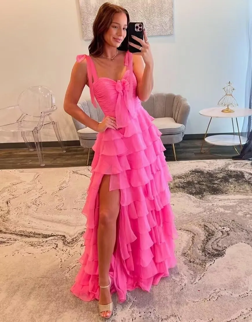 Tiered Chiffon Prom Dress Long Spaghetti Straps Split Evening Party Cocktail Dresses with Bow