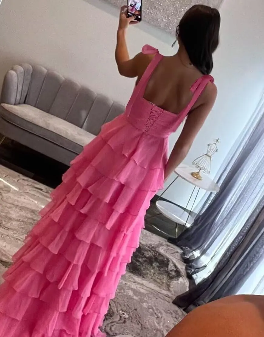 Tiered Chiffon Prom Dress Long Spaghetti Straps Split Evening Party Cocktail Dresses with Bow