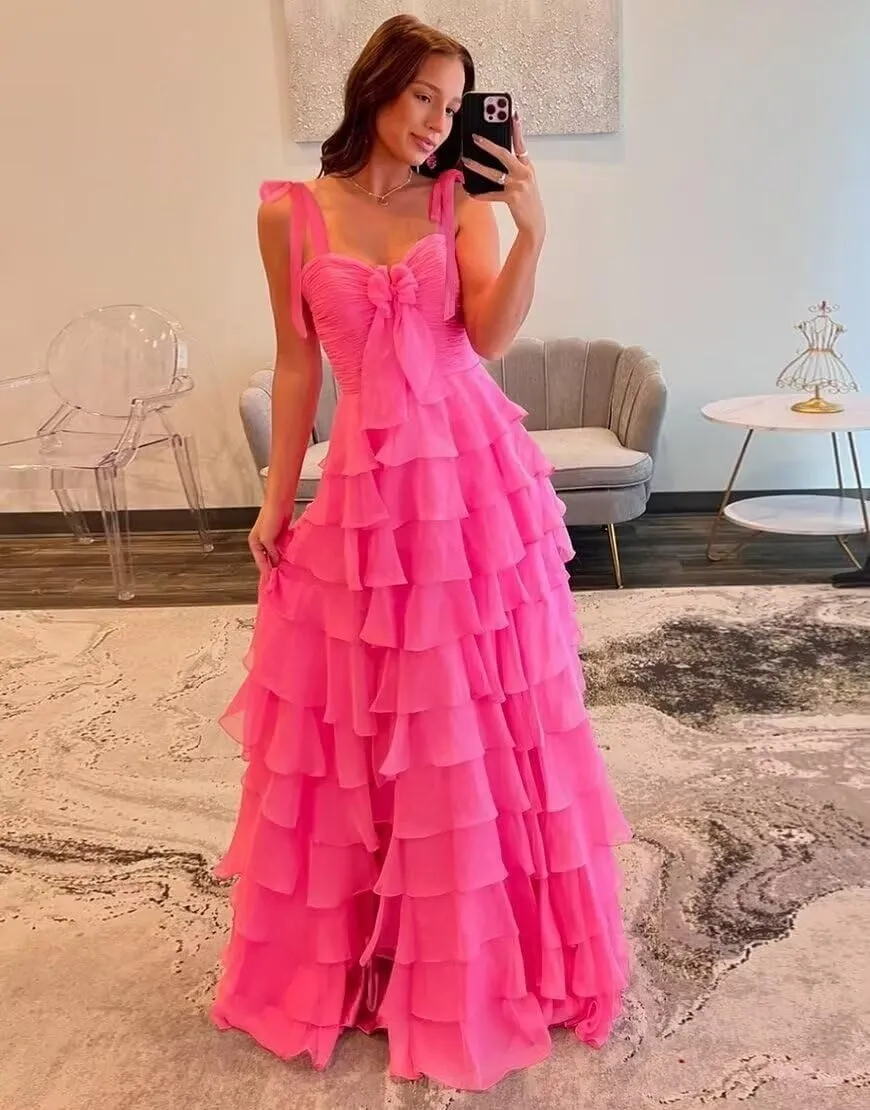 Tiered Chiffon Prom Dress Long Spaghetti Straps Split Evening Party Cocktail Dresses with Bow