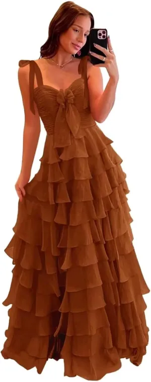 Tiered Chiffon Prom Dress Long Spaghetti Straps Split Evening Party Cocktail Dresses with Bow
