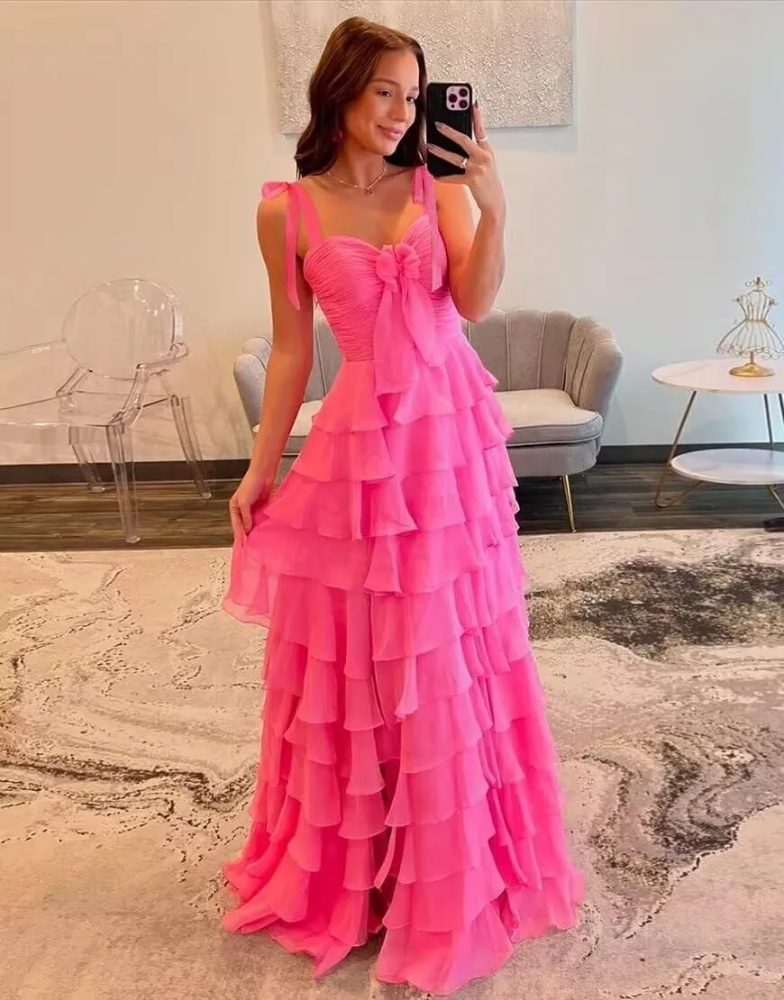 Tiered Chiffon Prom Dress Long Spaghetti Straps Split Evening Party Cocktail Dresses with Bow