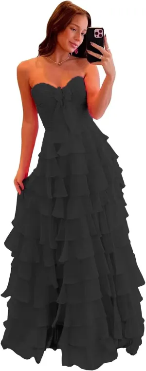 Tiered Chiffon Prom Dresses for Women Strapless Backless Ball Gown Sleeveless Ruched Evening Party Dress with Slit