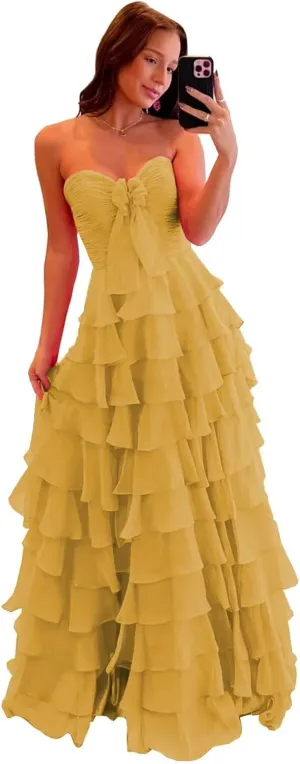 Tiered Chiffon Prom Dresses for Women Strapless Backless Ball Gown Sleeveless Ruched Evening Party Dress with Slit