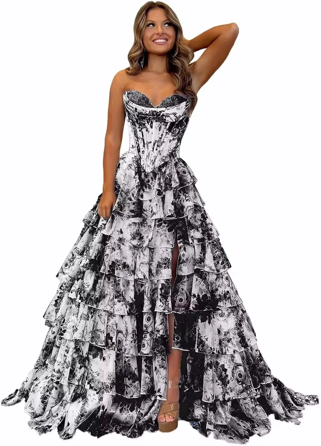 Tiered Ruffles Floral Prom Dresses with Slit Long Formal Evening Party Ball Gown Strapless Quinceanera Dress