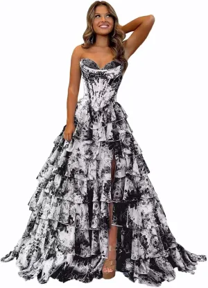 Tiered Ruffles Floral Prom Dresses with Slit Long Formal Evening Party Ball Gown Strapless Quinceanera Dress