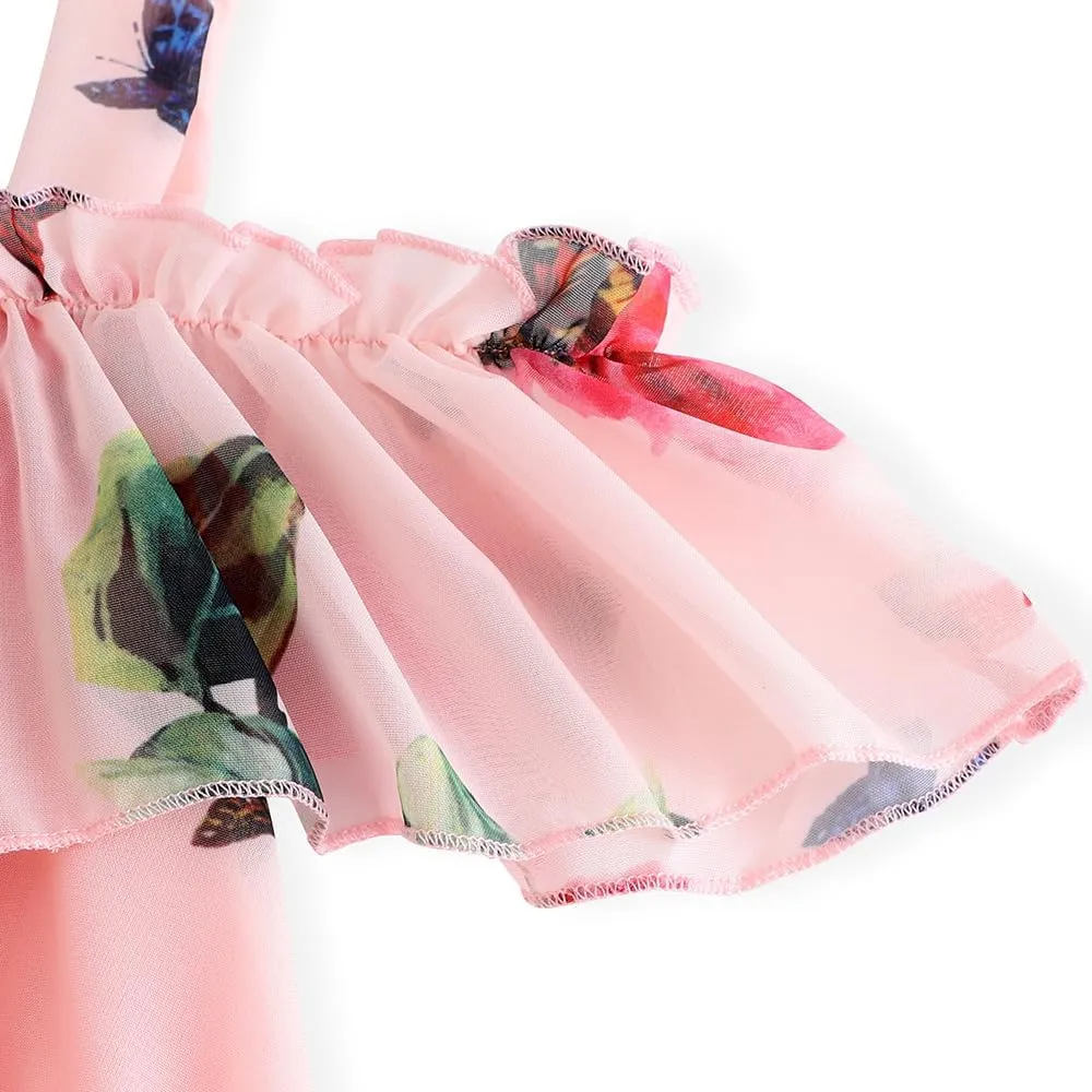 Toddler Girl Dress Chiffon Off Shoulder Ruffle Butterfly Daisy Flowers Dresses Baby Girls Summer Vacation Outfits