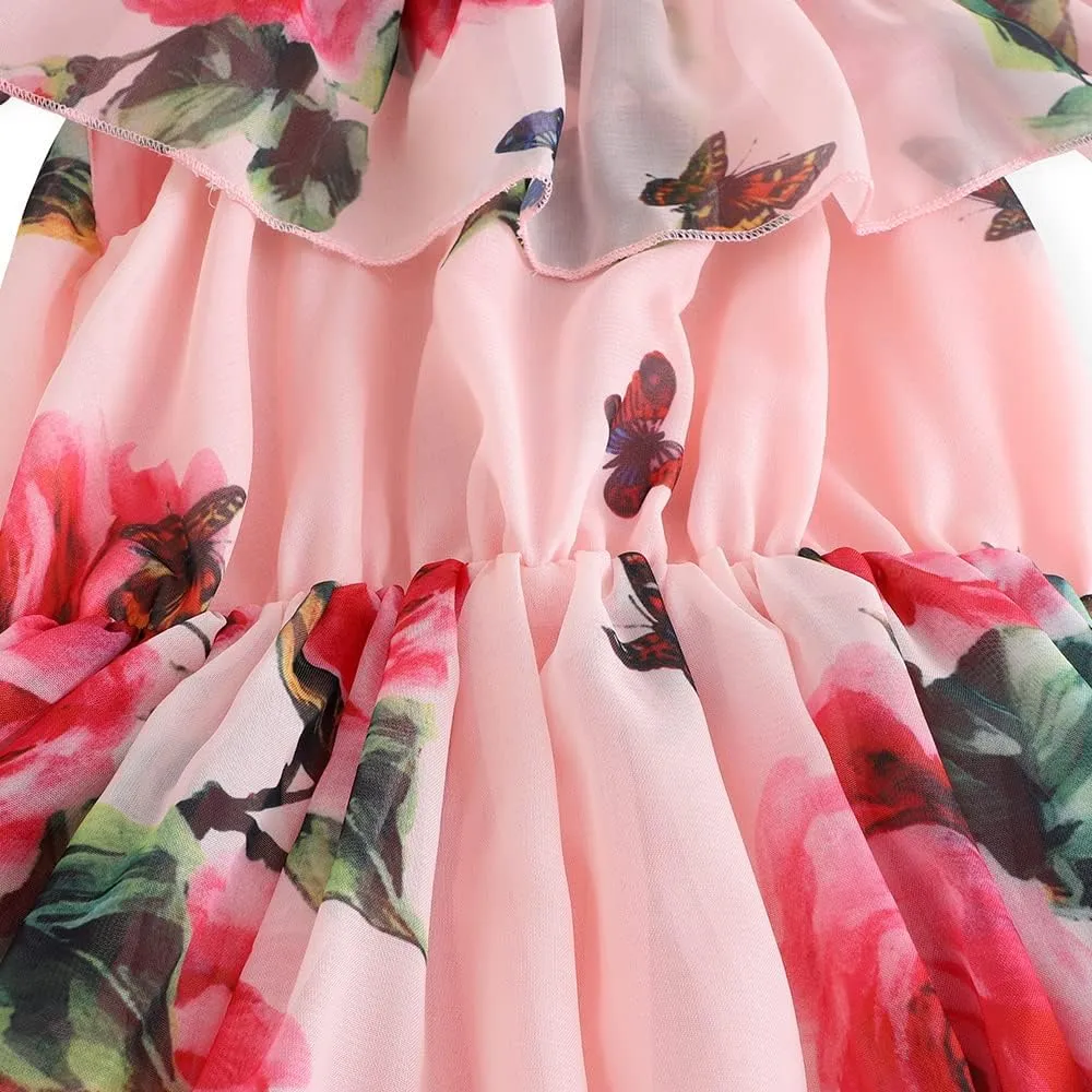 Toddler Girl Dress Chiffon Off Shoulder Ruffle Butterfly Daisy Flowers Dresses Baby Girls Summer Vacation Outfits