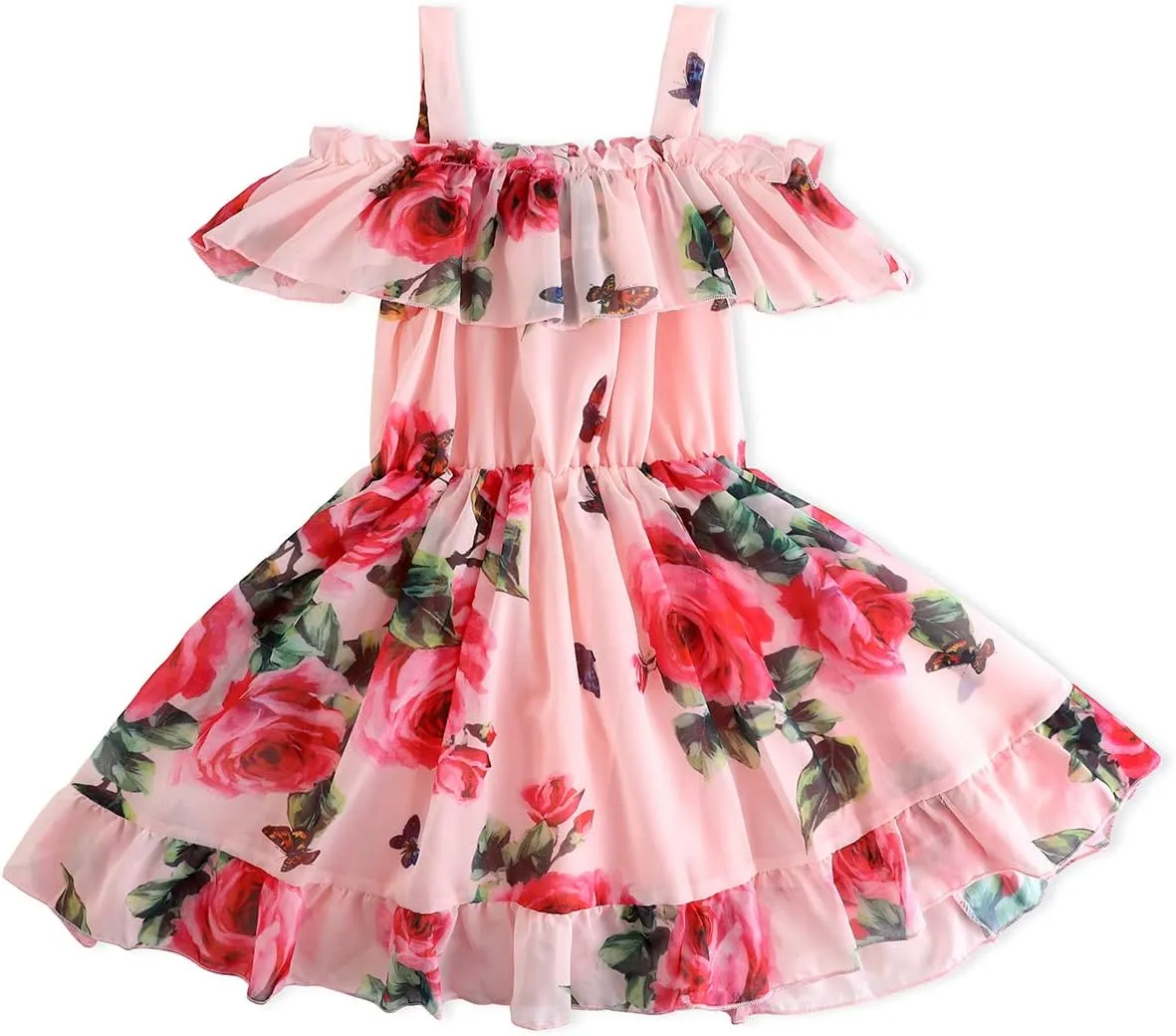 Toddler Girl Dress Chiffon Off Shoulder Ruffle Butterfly Daisy Flowers Dresses Baby Girls Summer Vacation Outfits