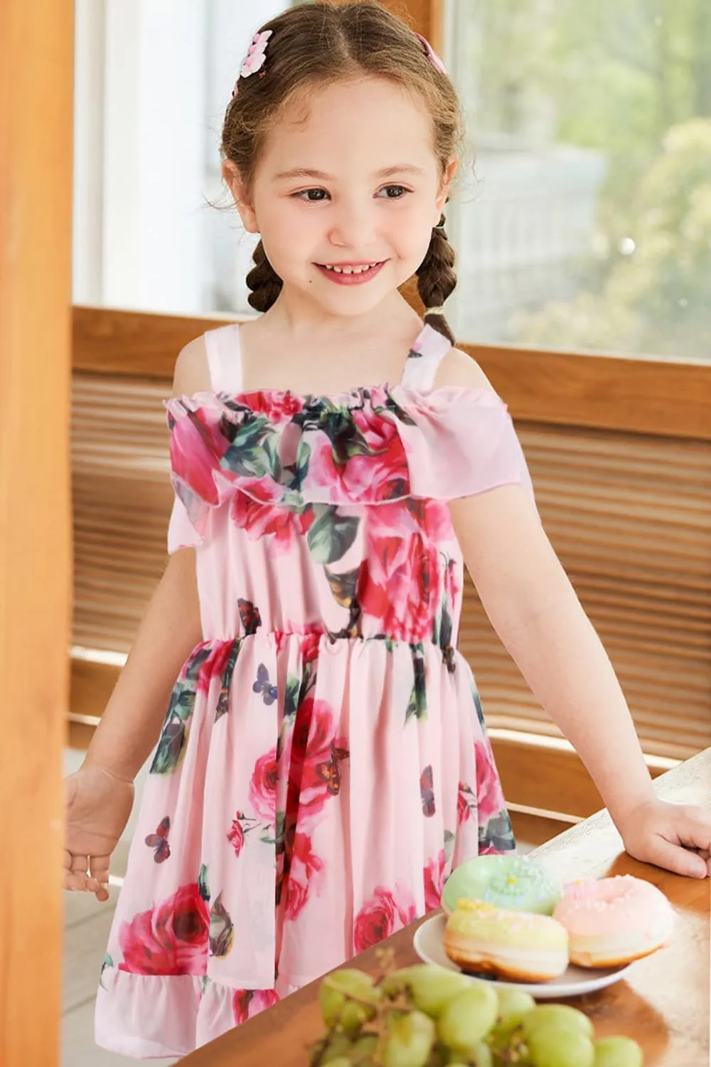 Toddler Girl Dress Chiffon Off Shoulder Ruffle Butterfly Daisy Flowers Dresses Baby Girls Summer Vacation Outfits