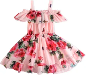 Toddler Girl Dress Chiffon Off Shoulder Ruffle Butterfly Daisy Flowers Dresses Baby Girls Summer Vacation Outfits
