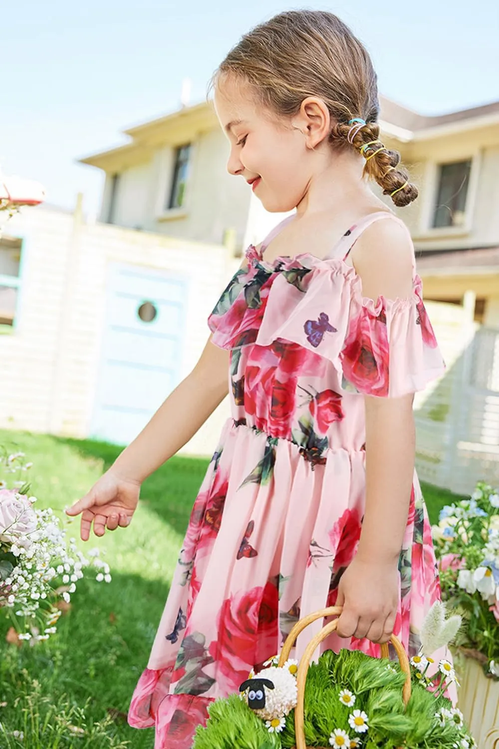 Toddler Girl Dress Chiffon Off Shoulder Ruffle Butterfly Daisy Flowers Dresses Baby Girls Summer Vacation Outfits