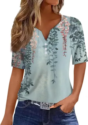 Tops for Women Trendy Button Down V Neck Tunics Henley Trendy Blouse Printed Summer Tops Vacation Tees Pullover