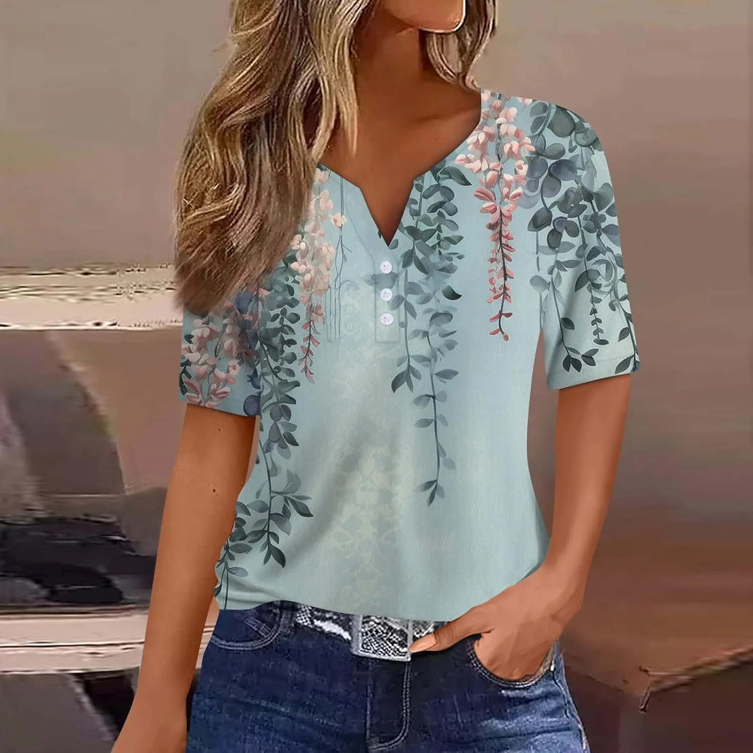 Tops for Women Trendy Button Down V Neck Tunics Henley Trendy Blouse Printed Summer Tops Vacation Tees Pullover