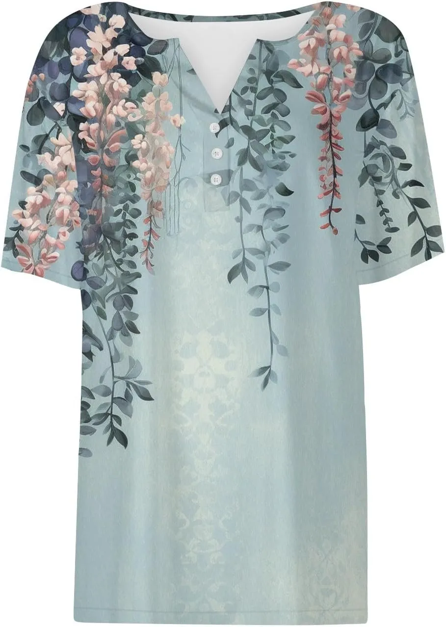 Tops for Women Trendy Button Down V Neck Tunics Henley Trendy Blouse Printed Summer Tops Vacation Tees Pullover