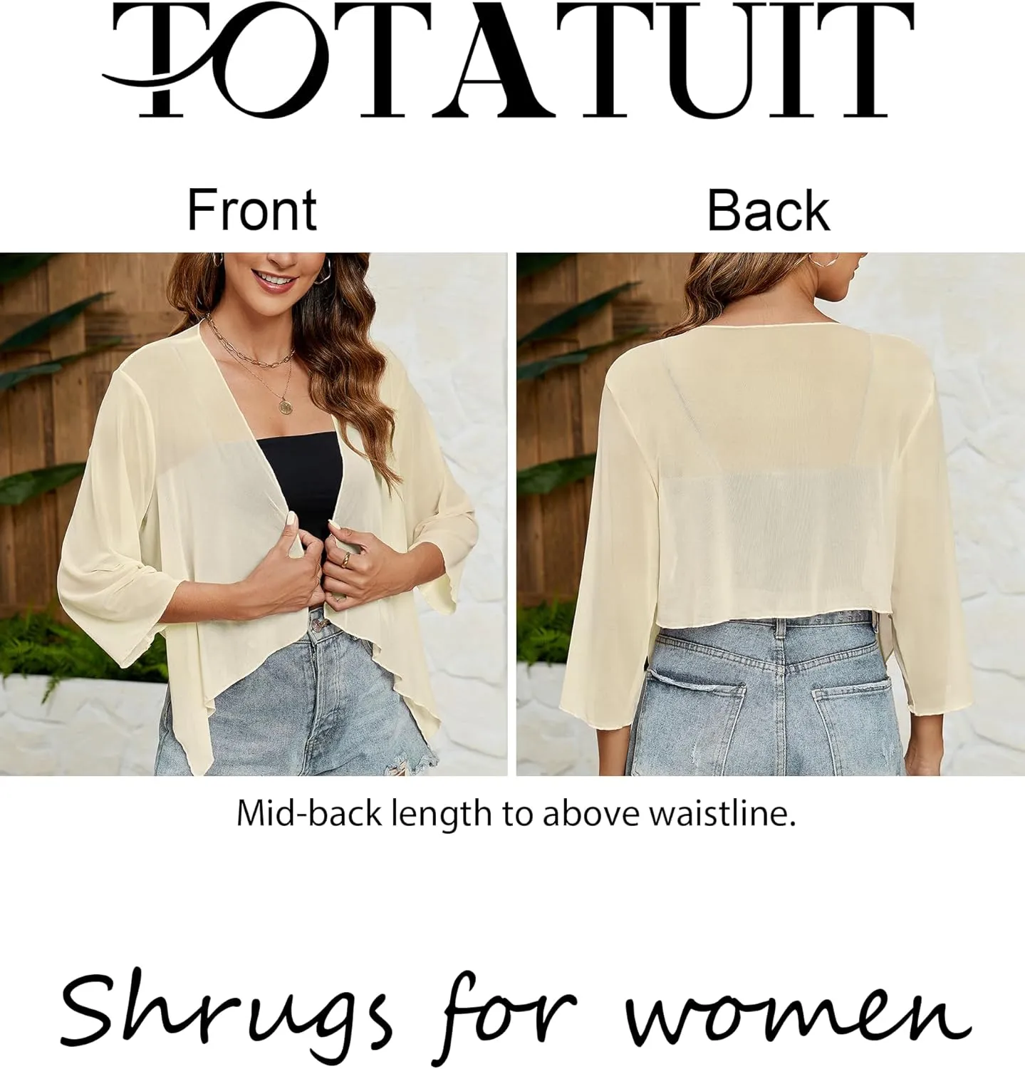 Totatuit Women's Sheer Shrugs Summer 3/4 Sleeve Lightweight Bolero Draped Ruffles Open Front Cropped Cardigan
