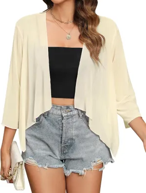Totatuit Women's Sheer Shrugs Summer 3/4 Sleeve Lightweight Bolero Draped Ruffles Open Front Cropped Cardigan
