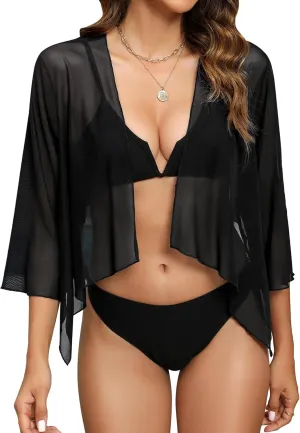 Totatuit Women's Sheer Shrugs Summer 3/4 Sleeve Lightweight Bolero Draped Ruffles Open Front Cropped Cardigan