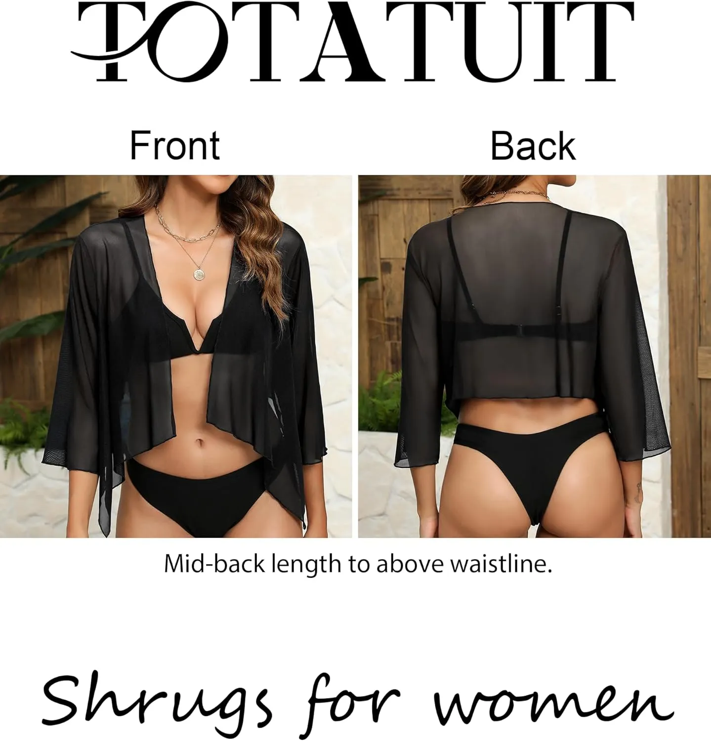 Totatuit Women's Sheer Shrugs Summer 3/4 Sleeve Lightweight Bolero Draped Ruffles Open Front Cropped Cardigan