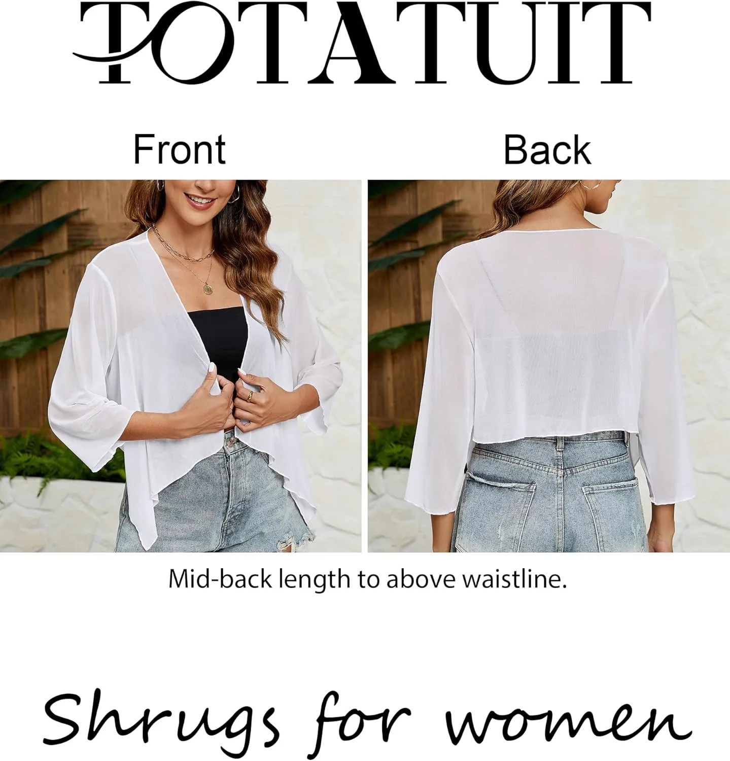 Totatuit Women's Sheer Shrugs Summer 3/4 Sleeve Lightweight Bolero Draped Ruffles Open Front Cropped Cardigan