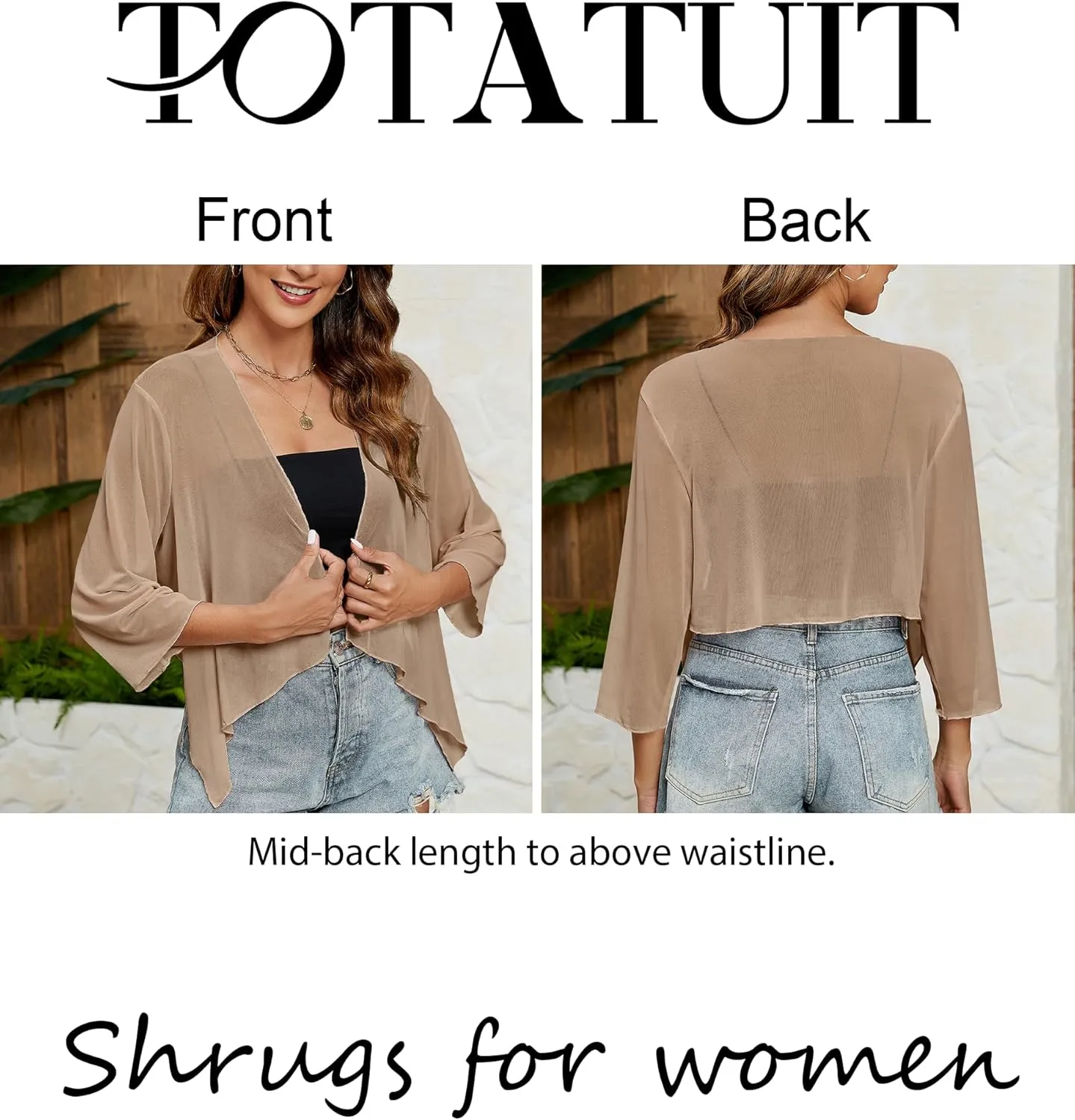 Totatuit Women's Sheer Shrugs Summer 3/4 Sleeve Lightweight Bolero Draped Ruffles Open Front Cropped Cardigan