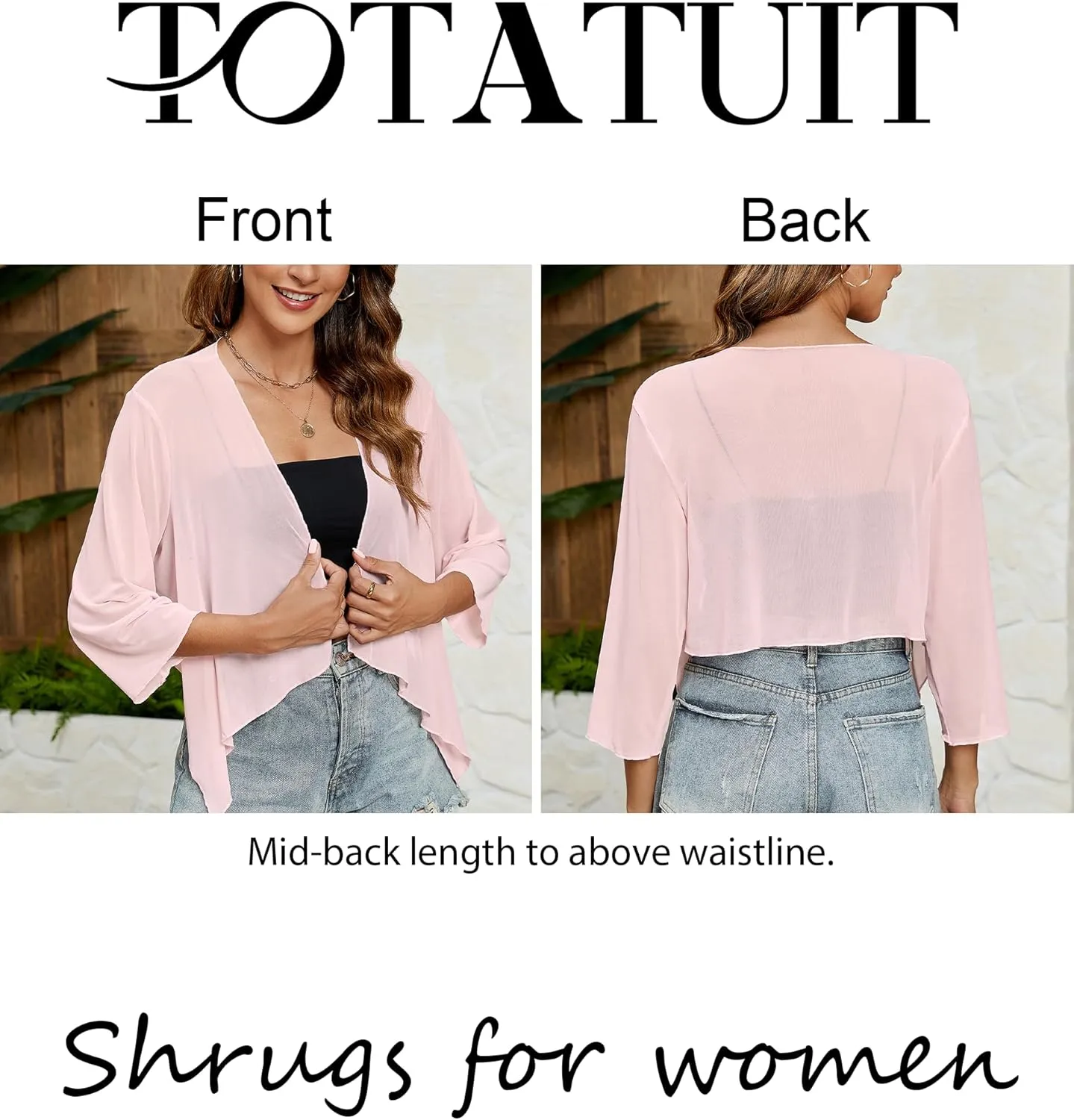 Totatuit Women's Sheer Shrugs Summer 3/4 Sleeve Lightweight Bolero Draped Ruffles Open Front Cropped Cardigan