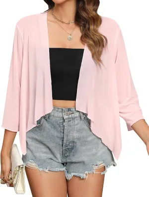Totatuit Women's Sheer Shrugs Summer 3/4 Sleeve Lightweight Bolero Draped Ruffles Open Front Cropped Cardigan