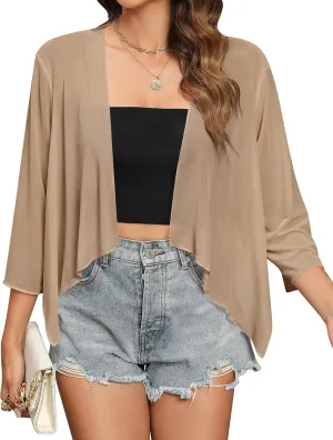 Totatuit Women's Sheer Shrugs Summer 3/4 Sleeve Lightweight Bolero Draped Ruffles Open Front Cropped Cardigan