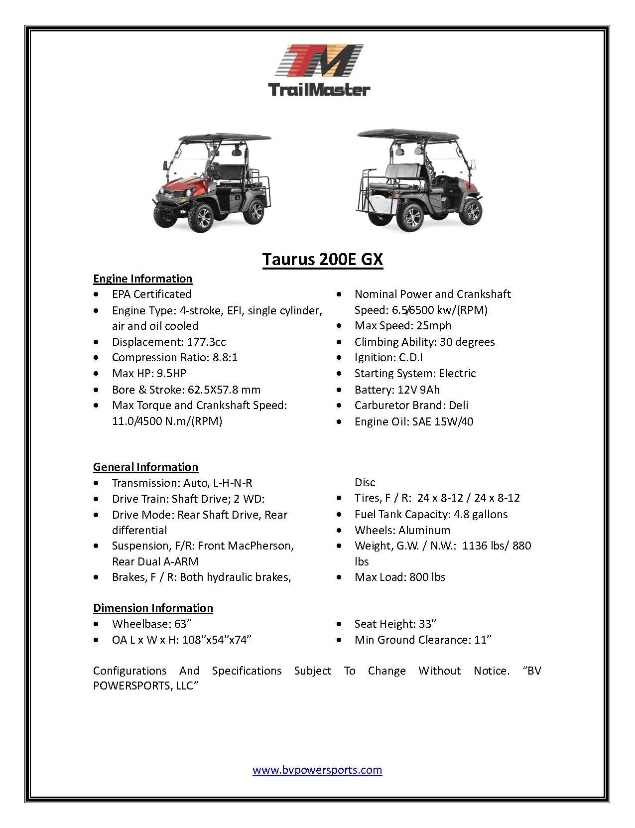 TrailMaster Taurus 200E-GX UTV Fuel-Injection-System Golf cart extended roof long roof, 4 seat with optional dump bed
