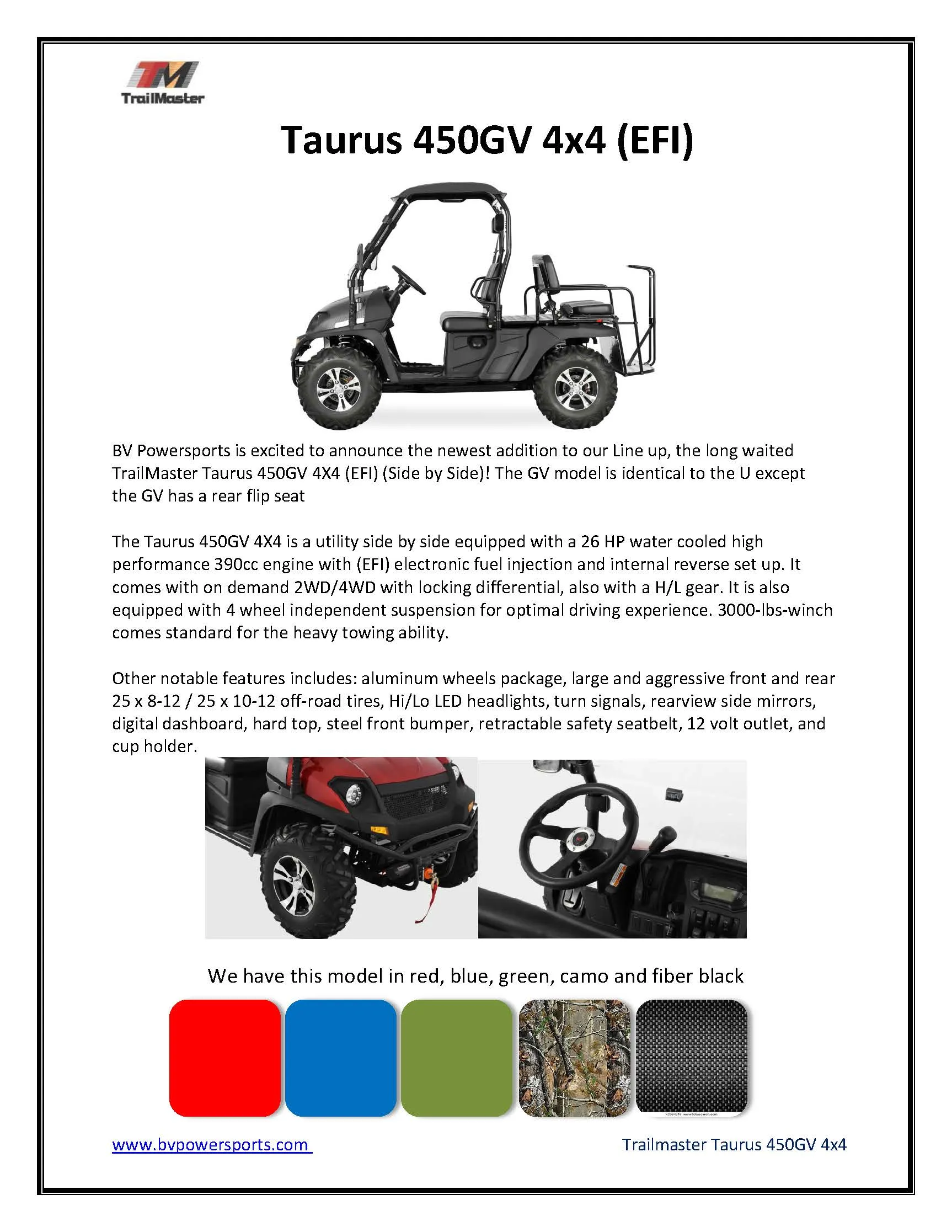 Trailmaster Taurus 450-GV 4 Seat UTV / Golf Cart Style / side-by-side 4X4 with High/Low Gear- Rear Seat Converts to Cargo area.