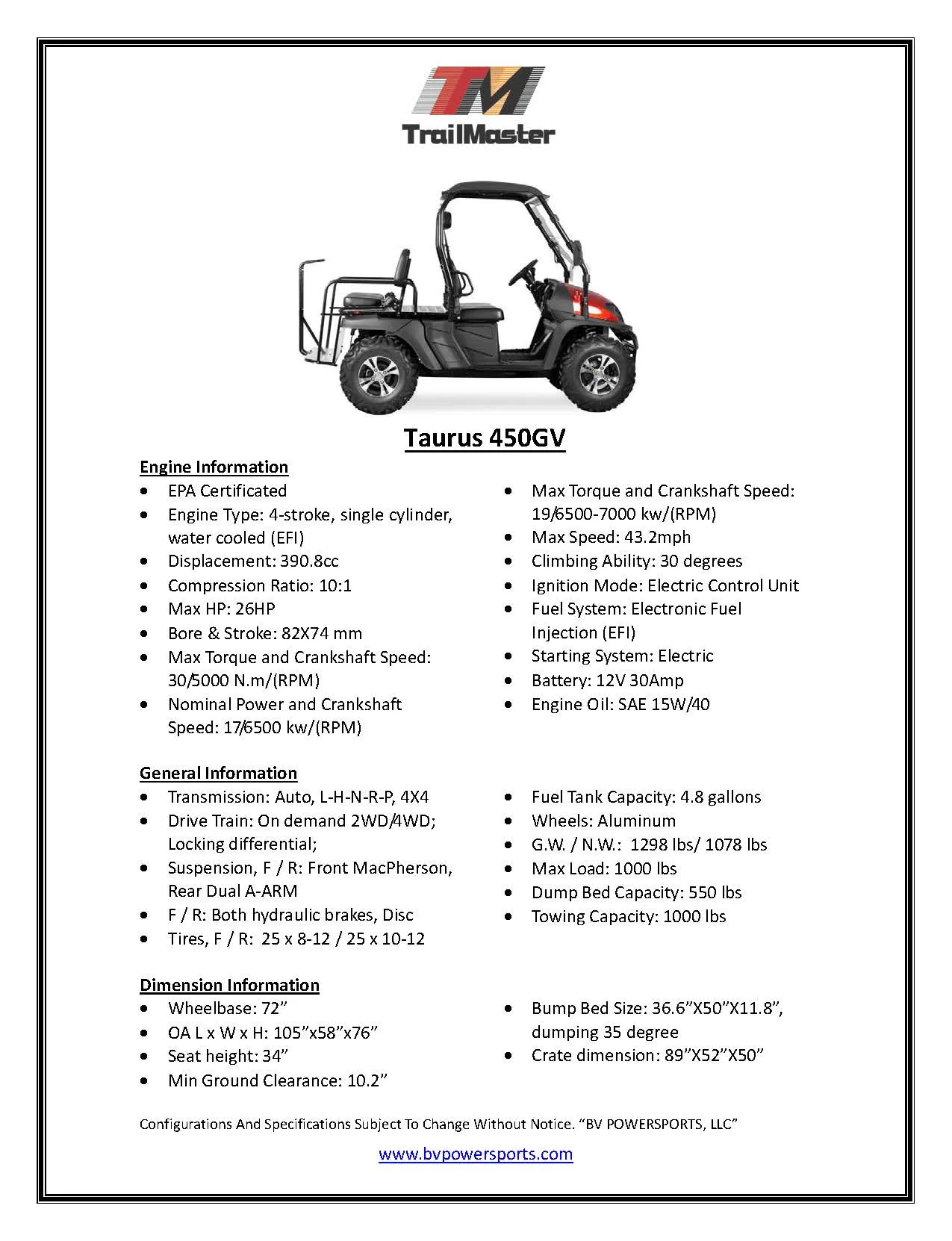 Trailmaster Taurus 450-GV 4 Seat UTV / Golf Cart Style / side-by-side 4X4 with High/Low Gear- Rear Seat Converts to Cargo area.